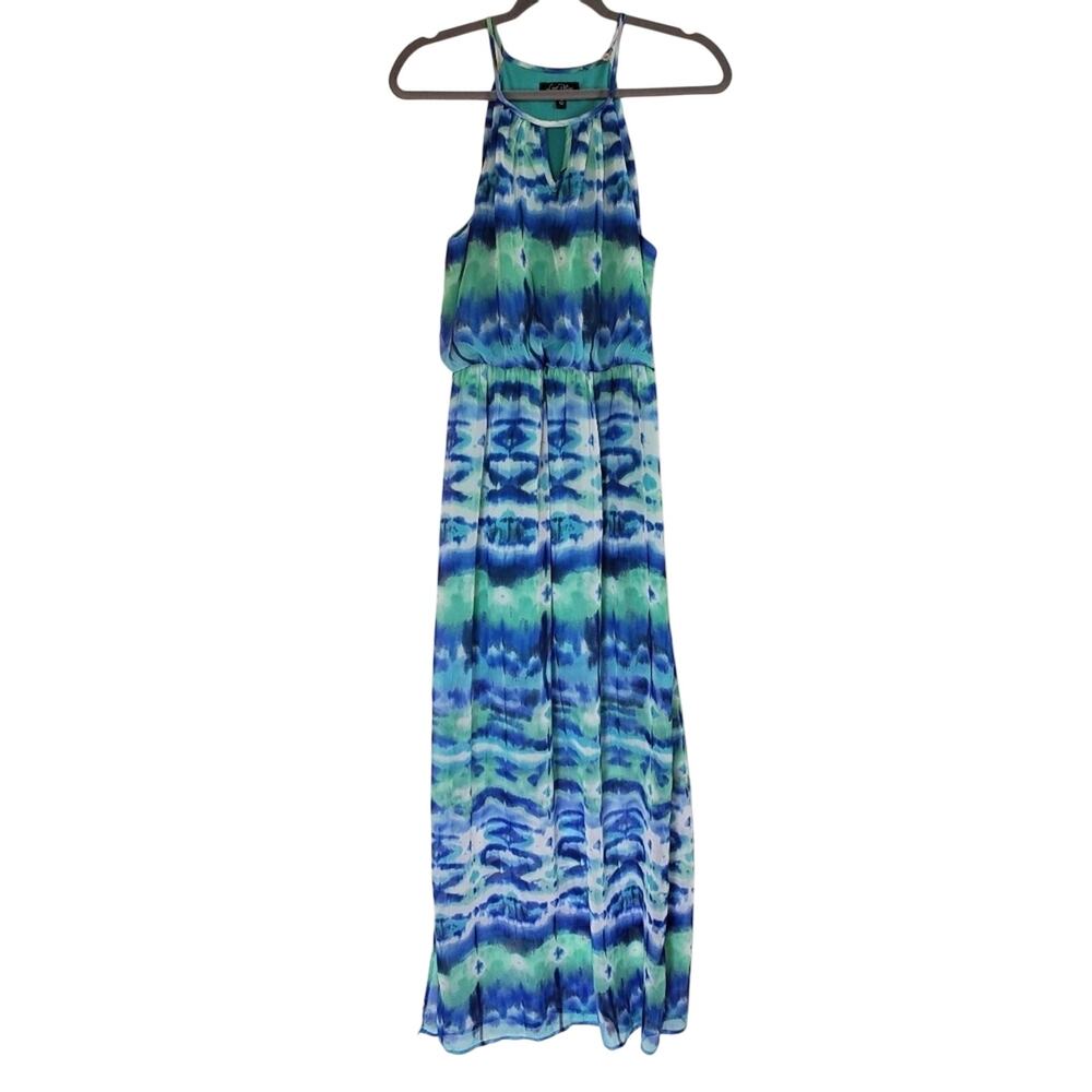 Love Reign Blue Ocean Resort Watercolor Halter Maxi Dress, Women's Size Medium